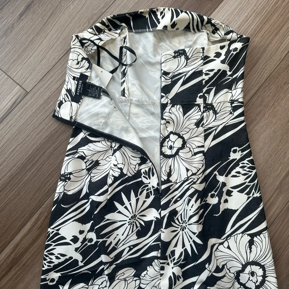 Y2K Vintage Express Black White Hawaiian Tropical Tube Strapless Dress - Picture 10 of 13